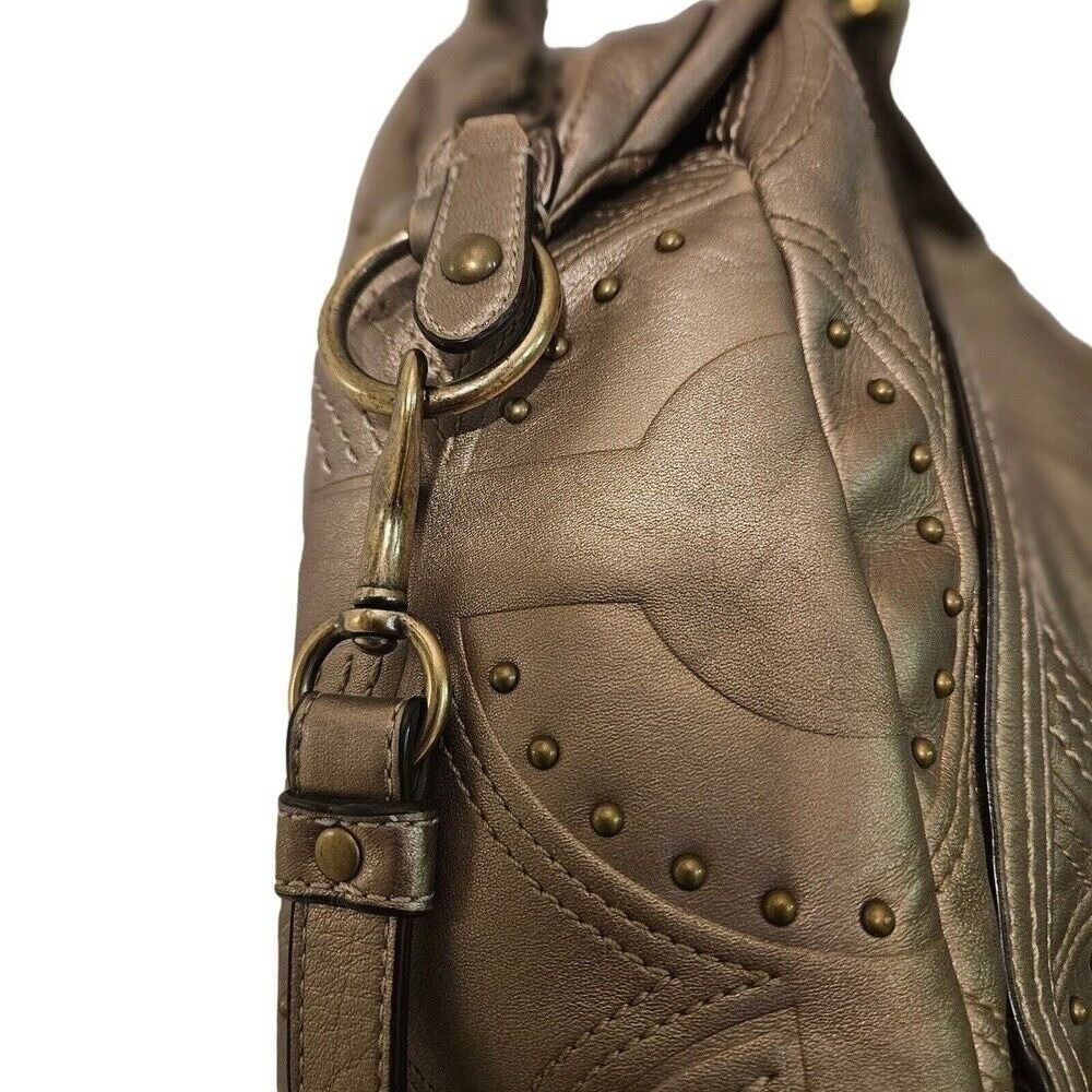 Coach Bronze Metal Embossed Studded Leather Alex Satchel Bag + FREE Bag Charm 🎁 - Picture 5 of 11
